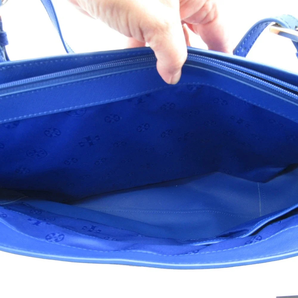 Tory Burch York Buckle Tote Royal Blue Saffiano Leather Gold Logo Shoulder Bag
